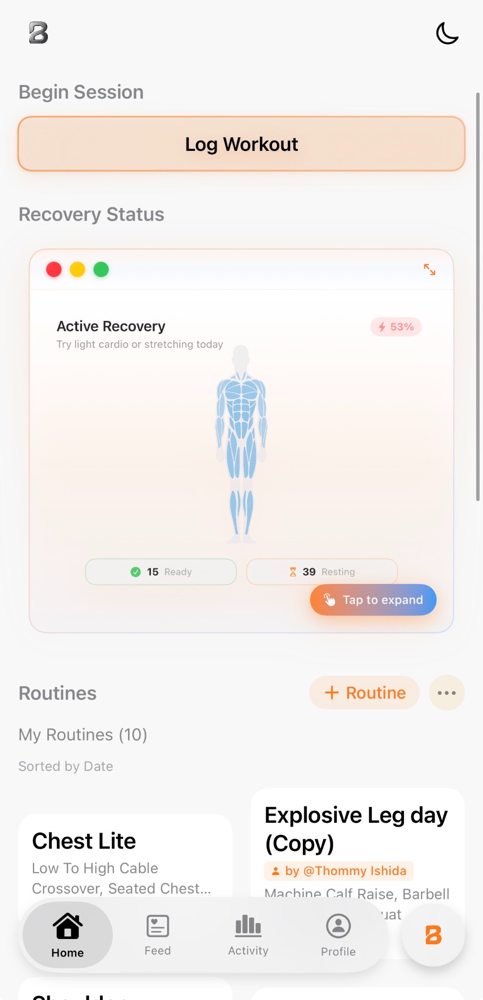 Built app home screen showing recovery status with anatomical muscle heatmap at 53% recovery, displaying 15 ready and 39 resting muscle groups, plus workout routines including one by Thommy Ishida